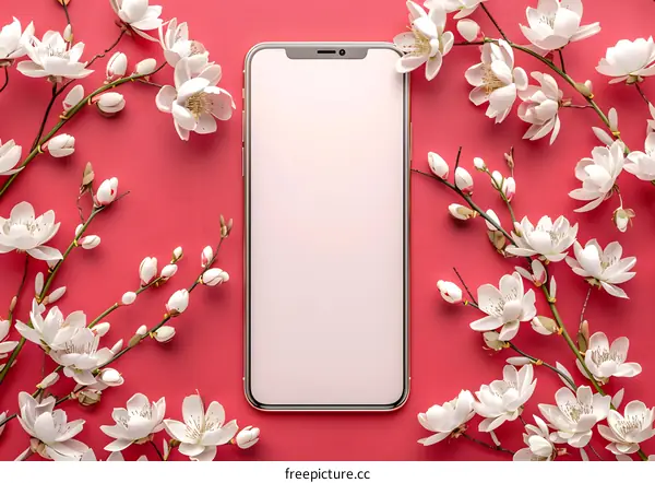White Flowers Surrounding a Smart Phone on a Pink Background