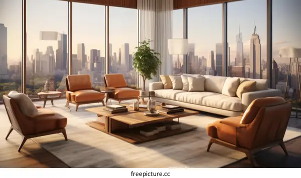 Modern living room interior design with city view