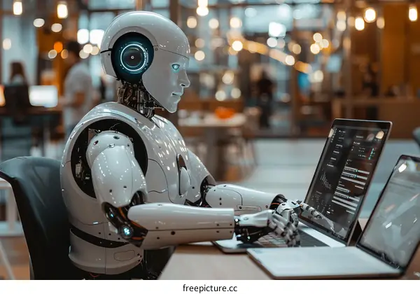 A robot sitting at a desk and working on a laptop