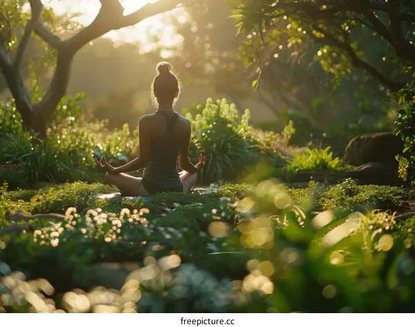 woman in yoga pose in the middle of a lush green forest