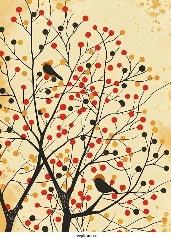 Abstract Birds On Tree With Berries Illustration