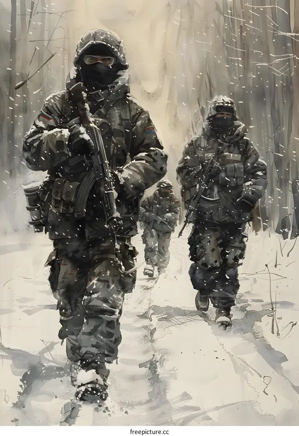 Three soldiers in winter camouflage walking through snowy woods carrying rifles