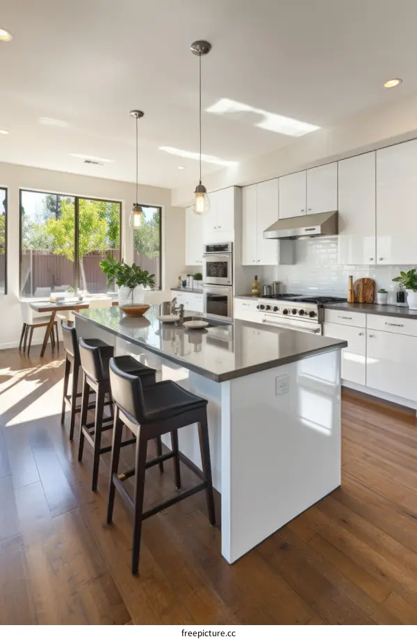 Modern kitchen interior design with white cabinets and stainless steel appliances