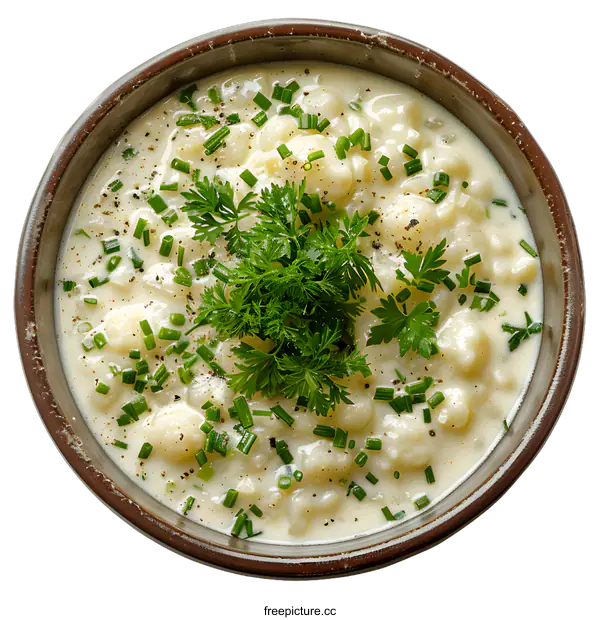 [Transparent Background PNG]Creamy cauliflower soup with chives and parsley
