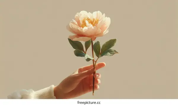Hand Holding a Delicate Peach Colored Peony Flower