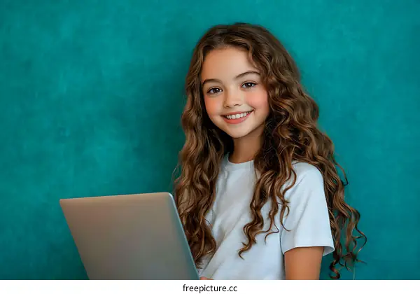Smiling Girl with Laptop Against Teal Background