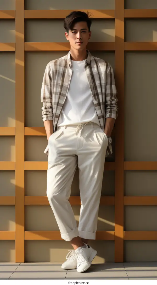 Asian man wearing a white shirt and brown pants standing in front of a wooden wall