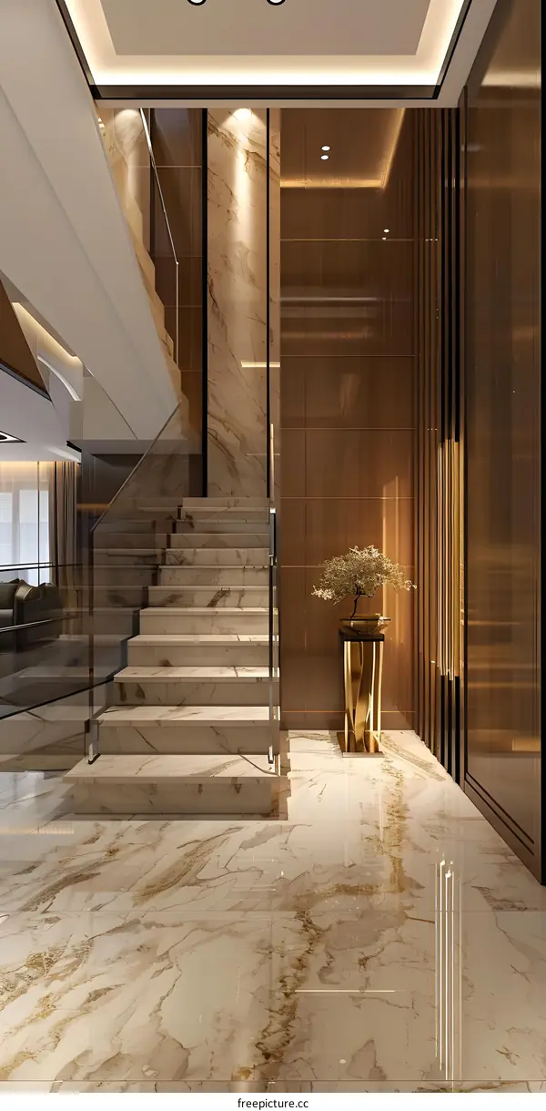 Modern Interior Design with Marble Staircase and Glass Railing