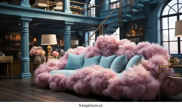 A pink and blue living room with a fluffy pink cloud sofa