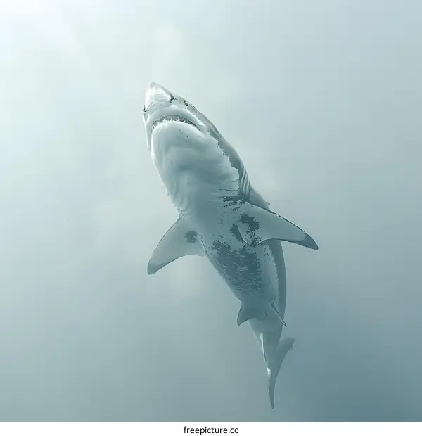 Great white shark swimming in blue water