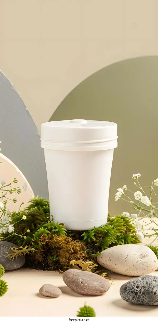 White Jar on Moss and Stones with Minimalist Background