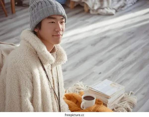 Asian Man Relaxing at Home with Warm Clothing and a Cup of Coffee