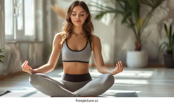Young woman in sportswear sitting in yoga pose with closed eyes and meditating at home