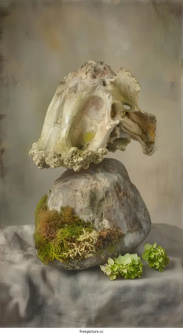 Still Life with Skull and Moss Covered Rock