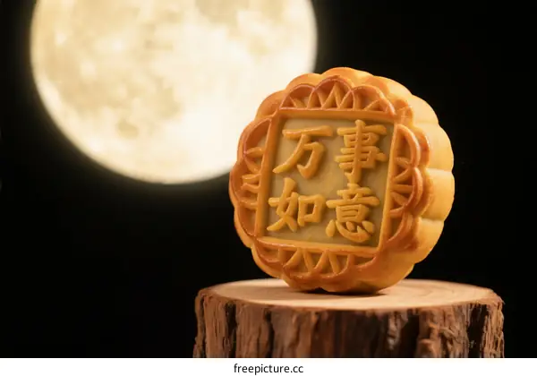 Mooncake with 'Everything Goes Well' Chinese Characters under Full Moon