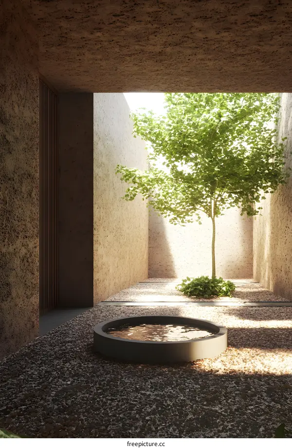 Modern Minimalist Courtyard with Tree and Water Feature