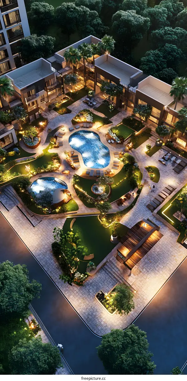 Aerial View of a Luxurious Courtyard with Swimming Pool