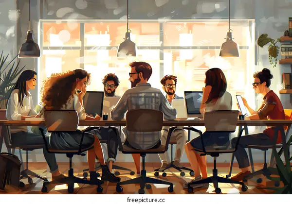 A group of people sitting around a table in an office space