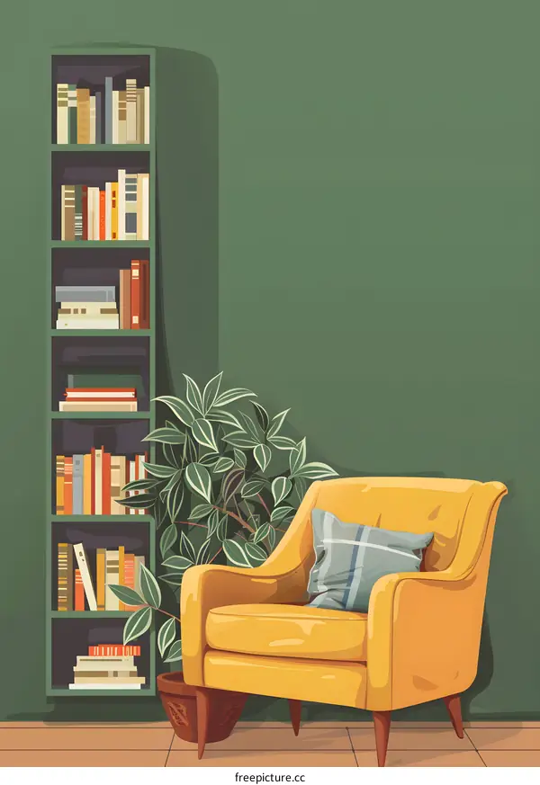 Green Wall with Yellow Armchair and Bookshelf