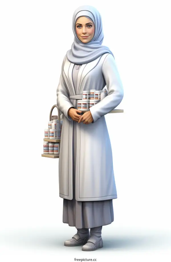 A female pharmacist wearing a hijab is holding a basket full of medicine bottles