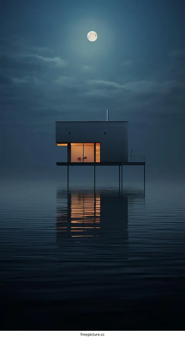 Stilt house over calm water at night