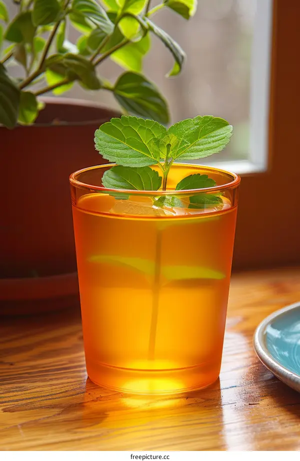 Glass of water with mint on wooden table