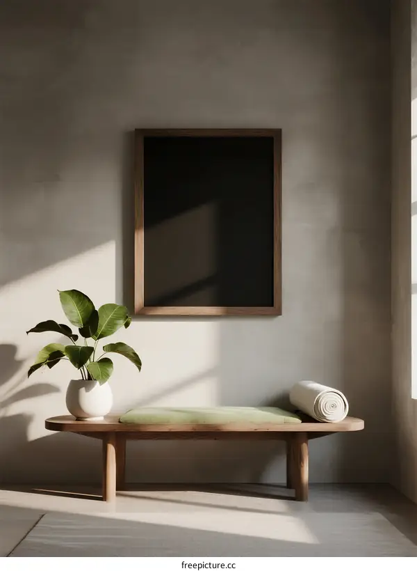 Minimalist Interior Space with Wooden Bench and Green Plant