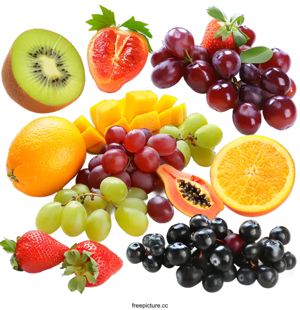 [Transparent Background PNG]Fresh Fruit Salad With Kiwi, Grapes, Orange, Papaya, Mango and Strawberries