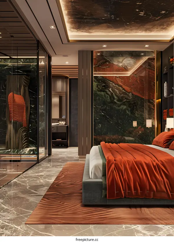 Modern Bedroom Interior Design With Marble Wall And Wooden Floor
