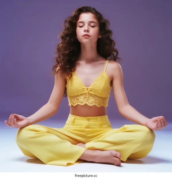 Young woman in yellow clothing practicing yoga in lotus pose