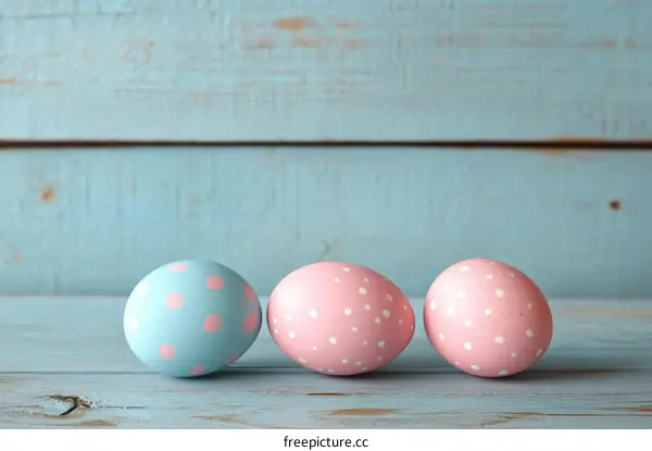 Three Painted Easter Eggs on Light Blue Wooden Background