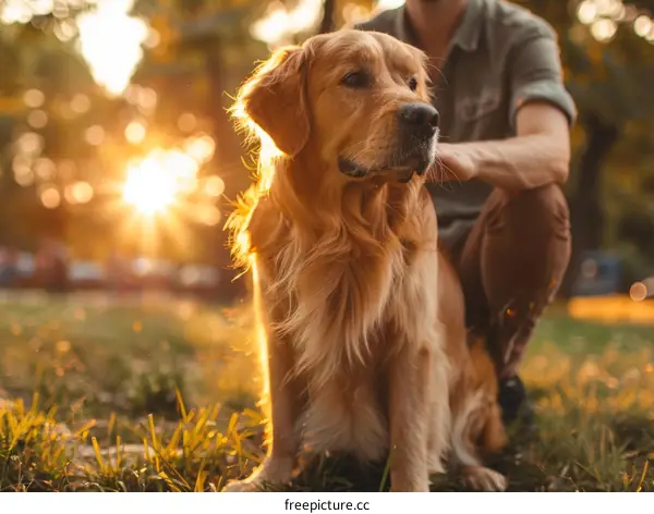 A man petting a golden retriever in the park