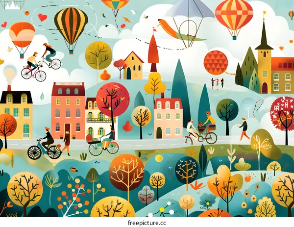 Colorful Town Illustration With Hot Air Balloons