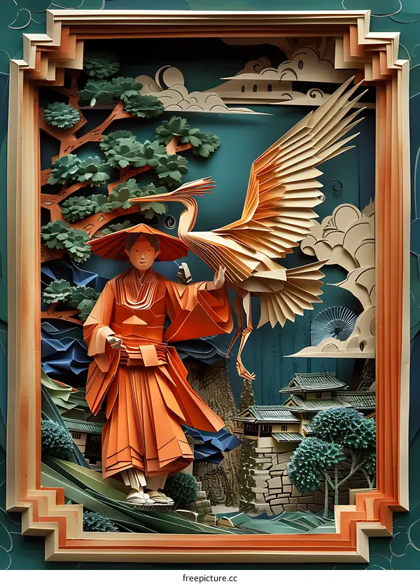 Paper Art Illustration of a Man in a Traditional Orange Robe with a Crane in a Fantasy Setting
