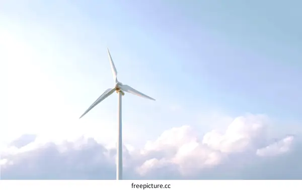 White Wind Turbine Against a Pale Sky and Clouds
