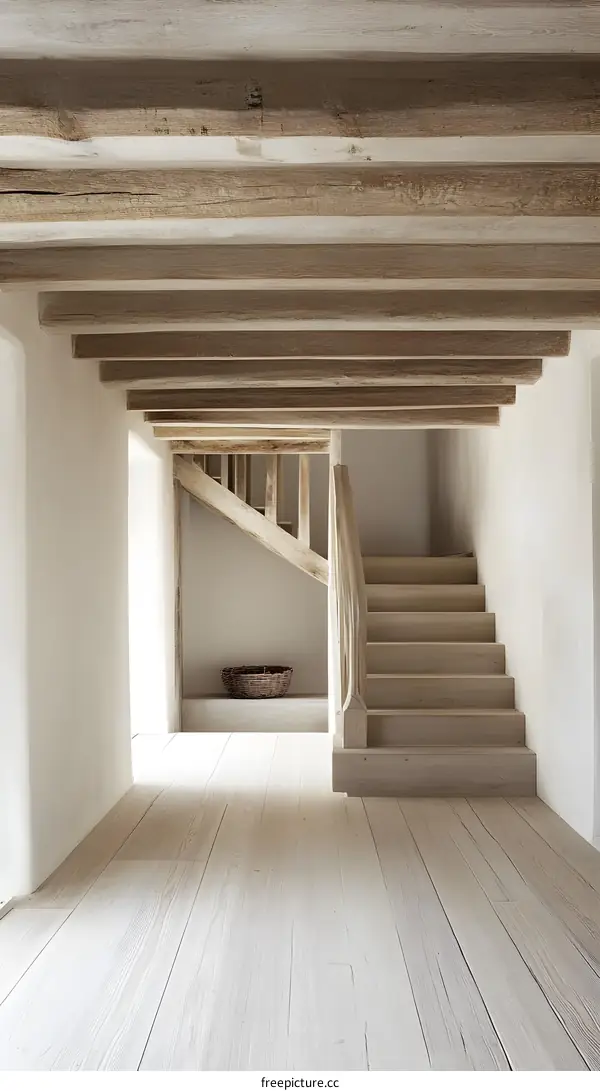 Whitewashed Wooden Beams and Staircase in a Rustic Home Interior