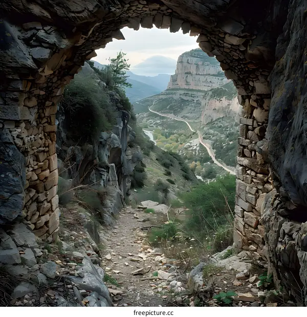 Stone Archway View of Mountain Valley