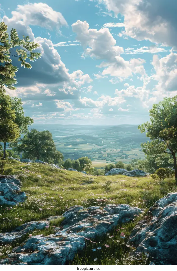 A Scenic Hilltop View with Lush Landscape and Clouds