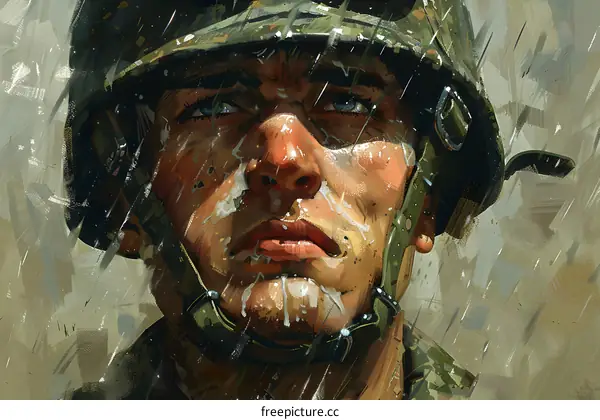 Portrait of a soldier wearing a helmet with raindrops on his face