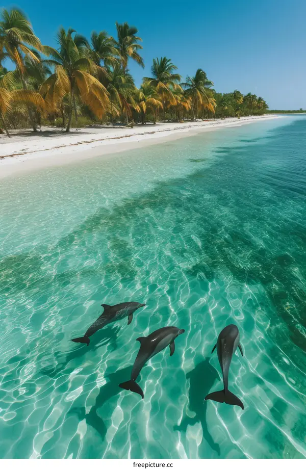 Three dolphins swimming in the ocean near a tropical beach