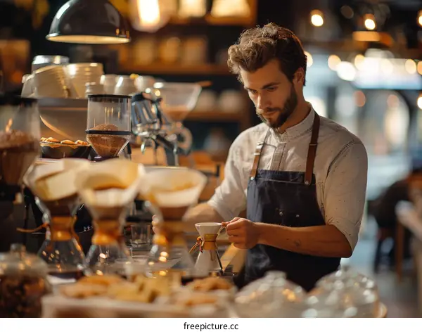 Barista making pour over coffee with a gooseneck kettle