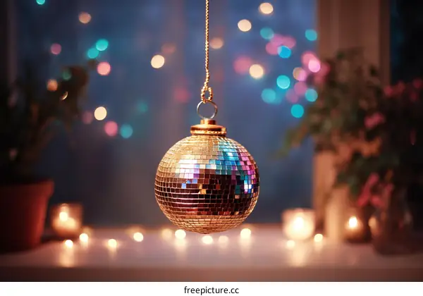 Disco Ball Hanging in a Warmly Lit Room