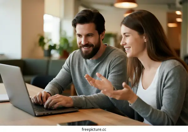 Two people using laptop together in modern workspace