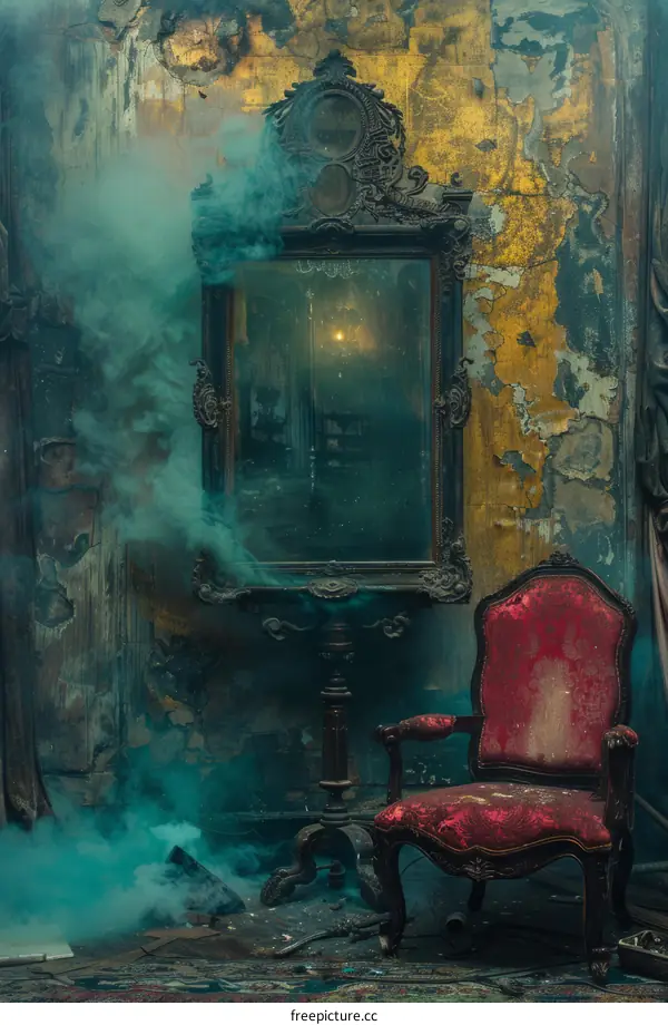 Eerie Smoke in Abandoned Room with Antique Mirror and Chair