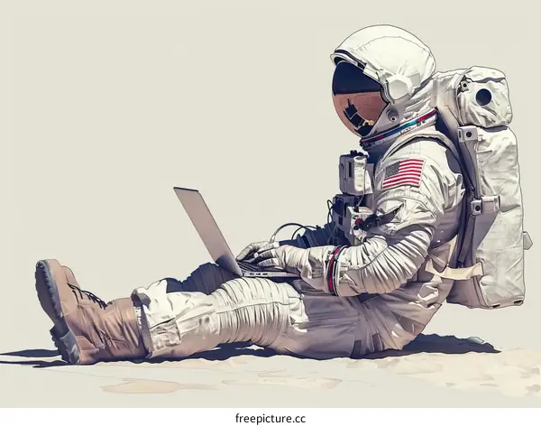 An astronaut is sitting on the surface of a celestial body and using a laptop.