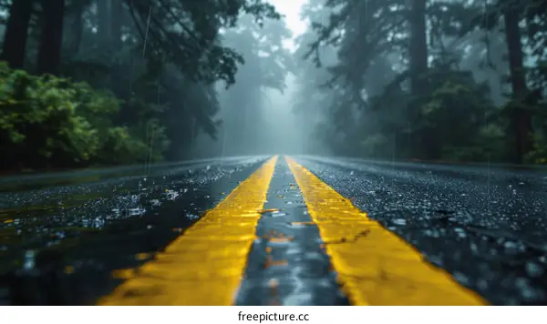 Yellow lines on an asphalt road in the rain