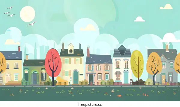 Cartoon Illustration of Colorful Houses in a Row