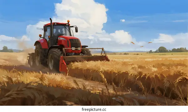 A Red Tractor Harvesting Wheat in a Golden Field