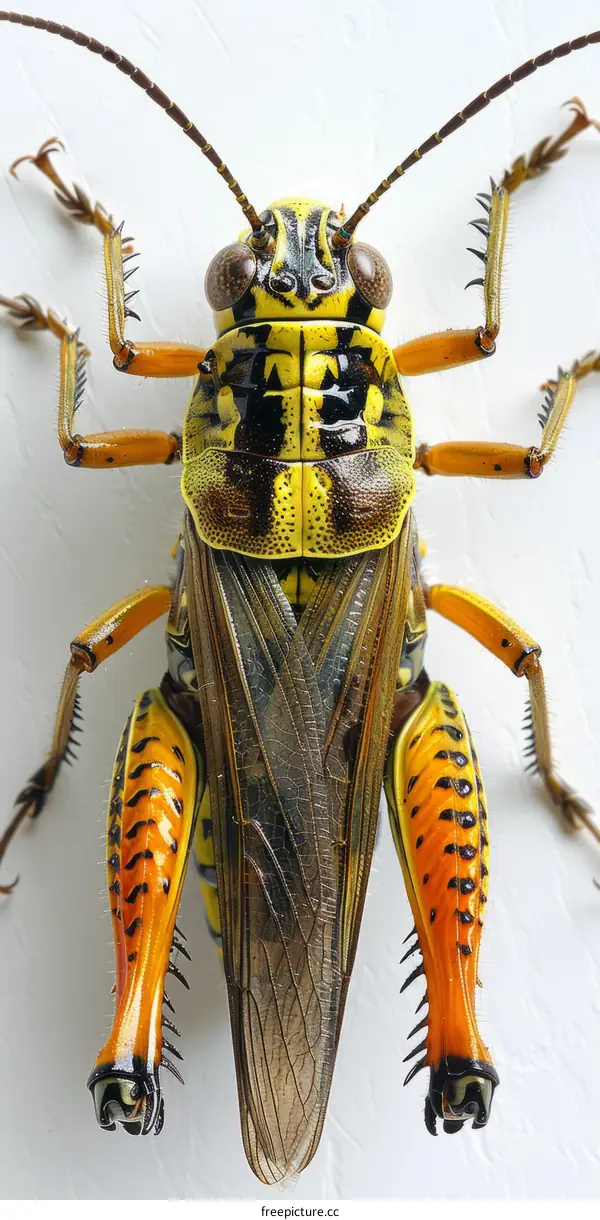 A colorful grasshopper sits on a white surface