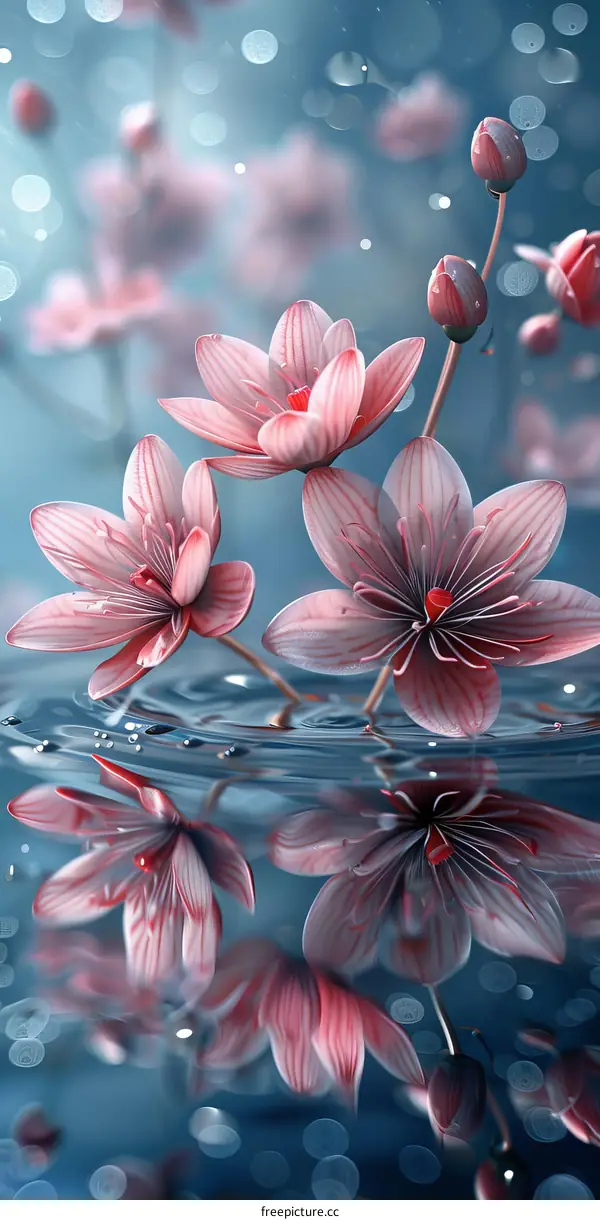 Beautiful Pink Flowers in Water Reflection